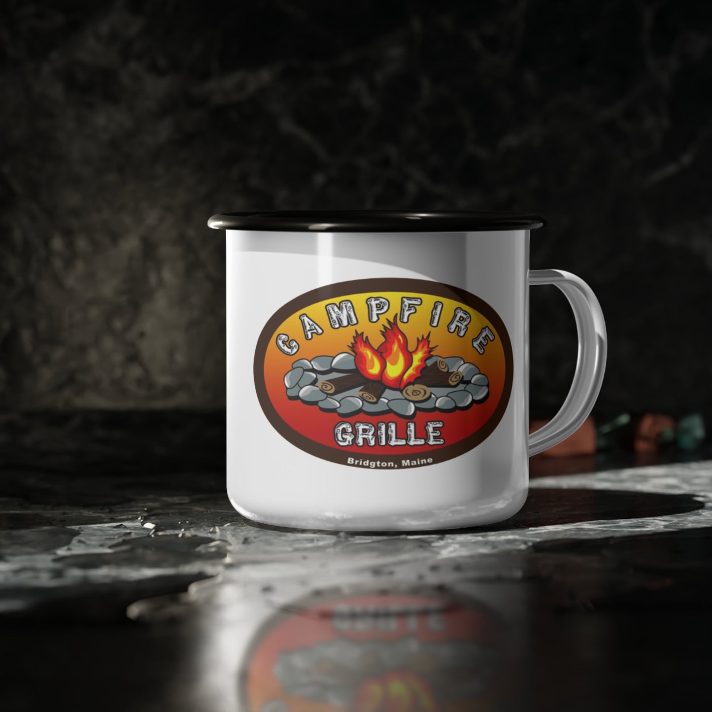 Camping Enamel Camp Cup with Fire Grill Design - Ideal for Outdoor Adventures