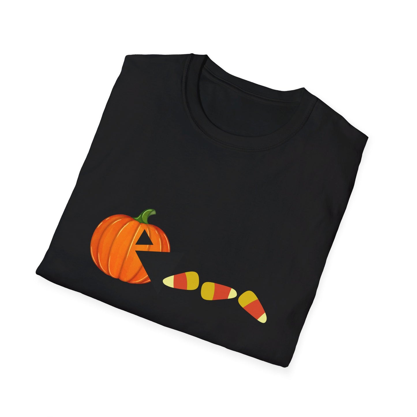 Pumpkin Eating Candy Corn 80s Video Game Inspired Halloween T-Shirt