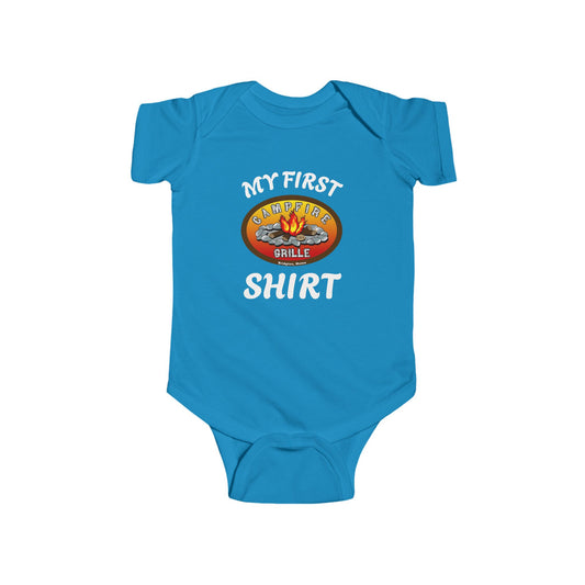 My First Campfire Grille Shirt Cute Baby Onesie Great Gift Bridgton Maine