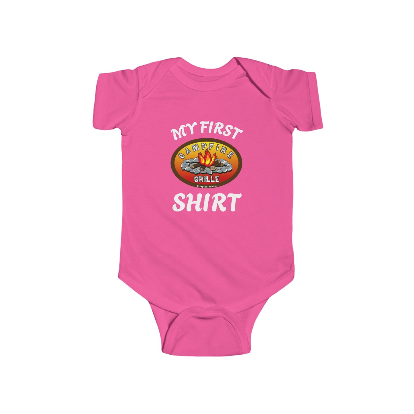 My First Campfire Grille Shirt Cute Baby Onesie Great Gift Bridgton Maine