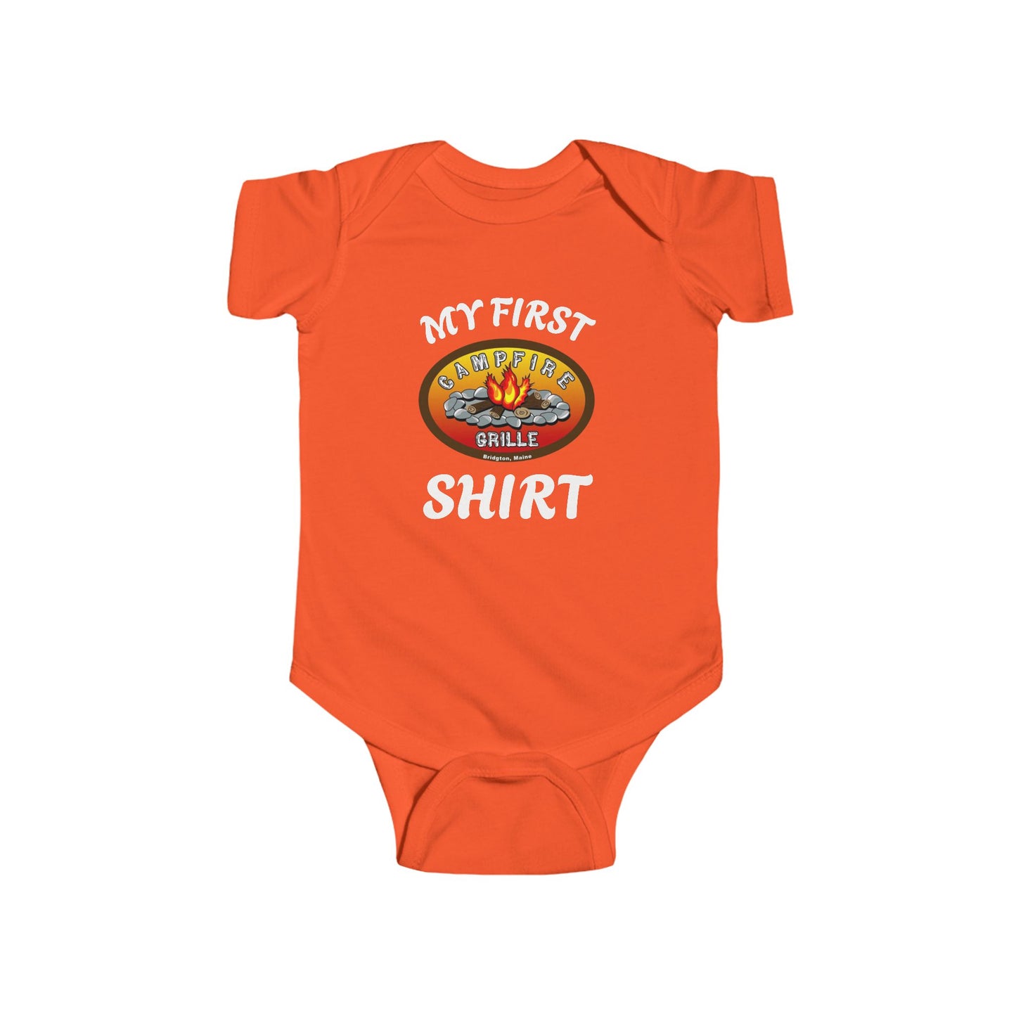 My First Campfire Grille Shirt Cute Baby Onesie Great Gift Bridgton Maine
