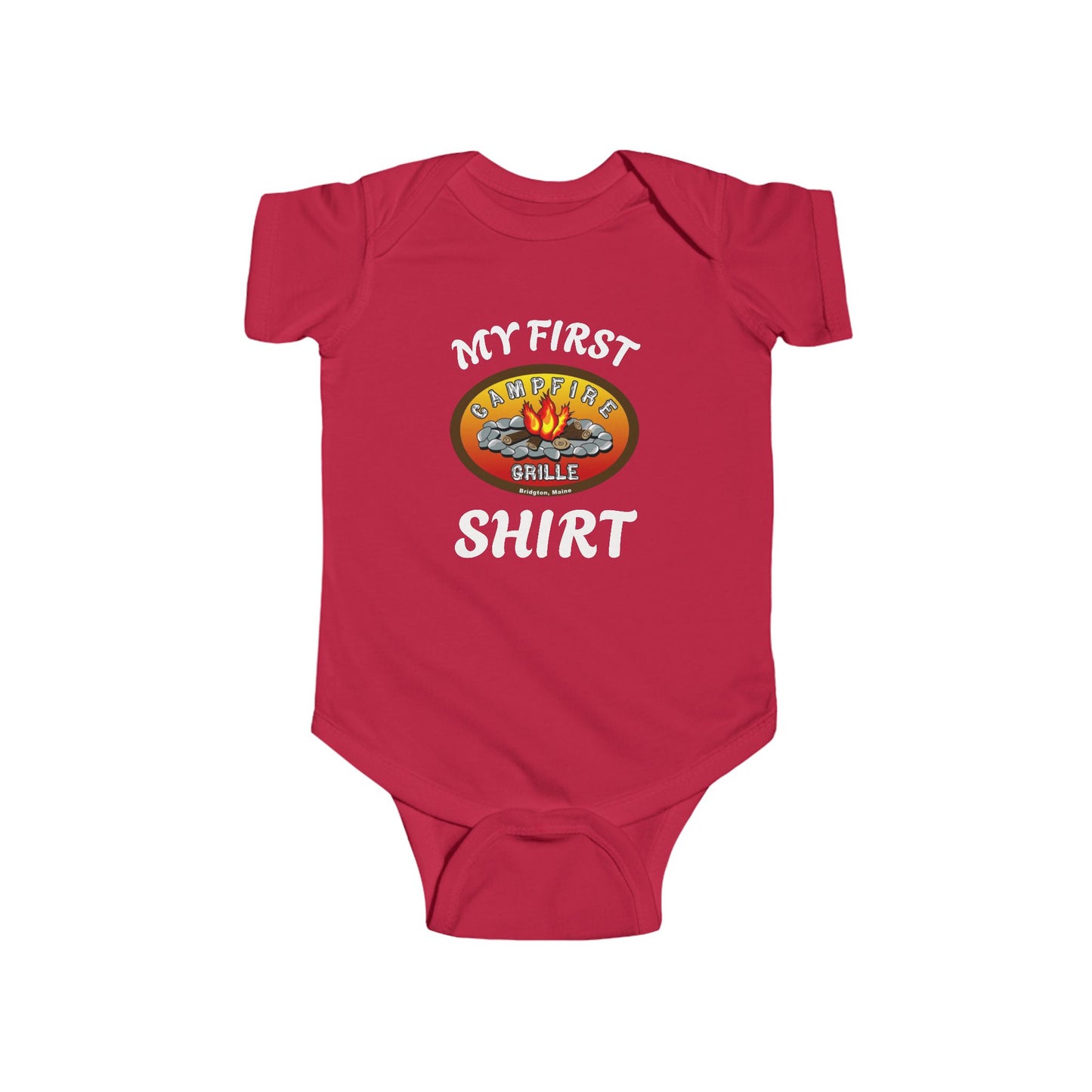 My First Campfire Grille Shirt Cute Baby Onesie Great Gift Bridgton Maine