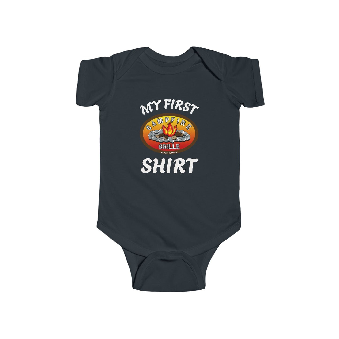 My First Campfire Grille Shirt Cute Baby Onesie Great Gift Bridgton Maine