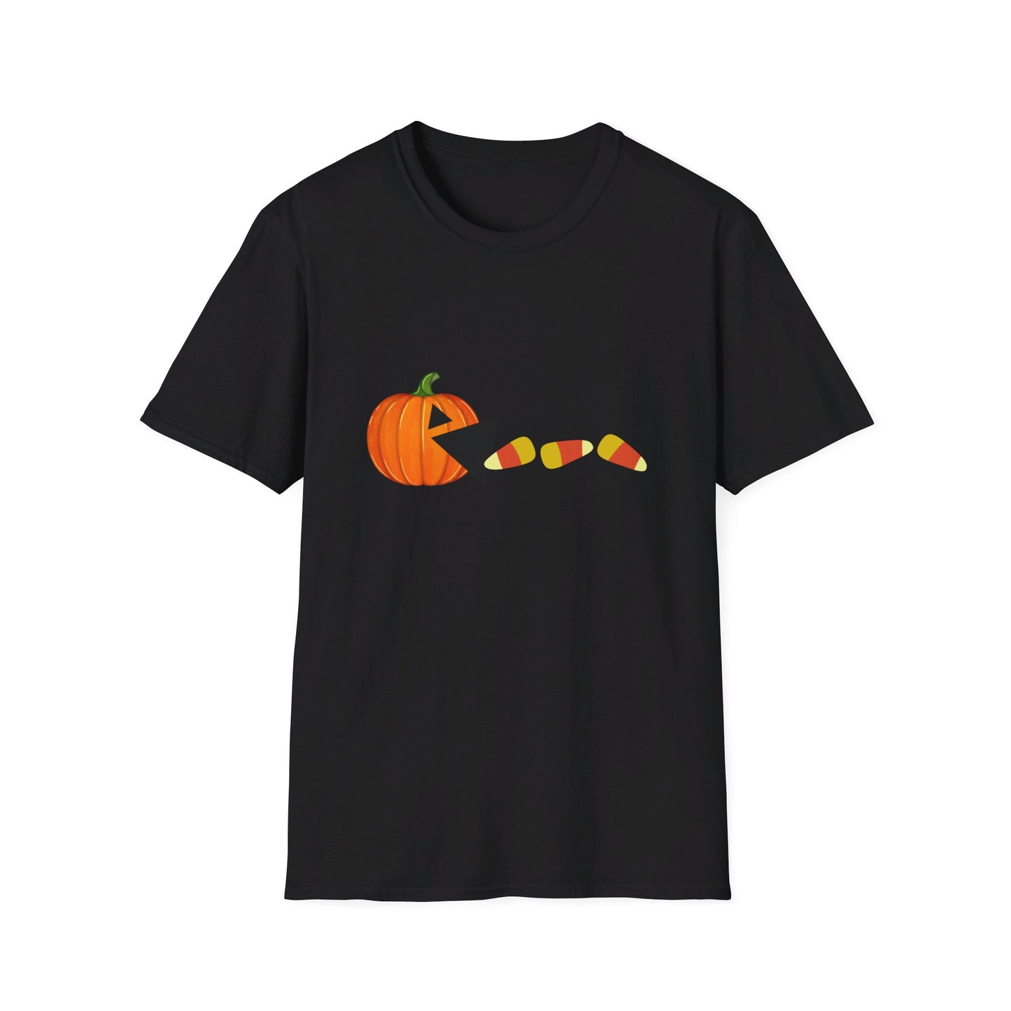 Pumpkin Eating Candy Corn 80s Video Game Inspired Halloween T-Shirt